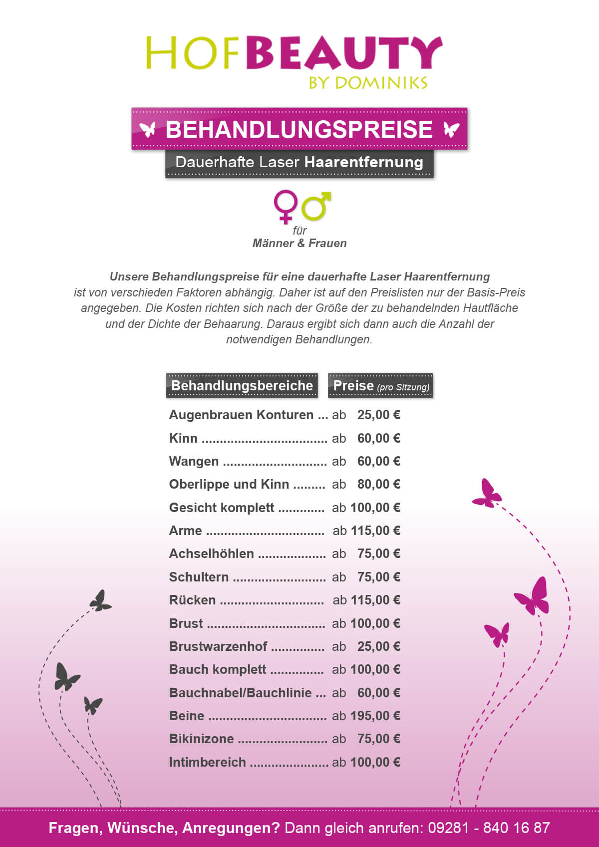 Behandlungspreise Im Hofbeauty Kosmetikstudio In Hof By Dominiks