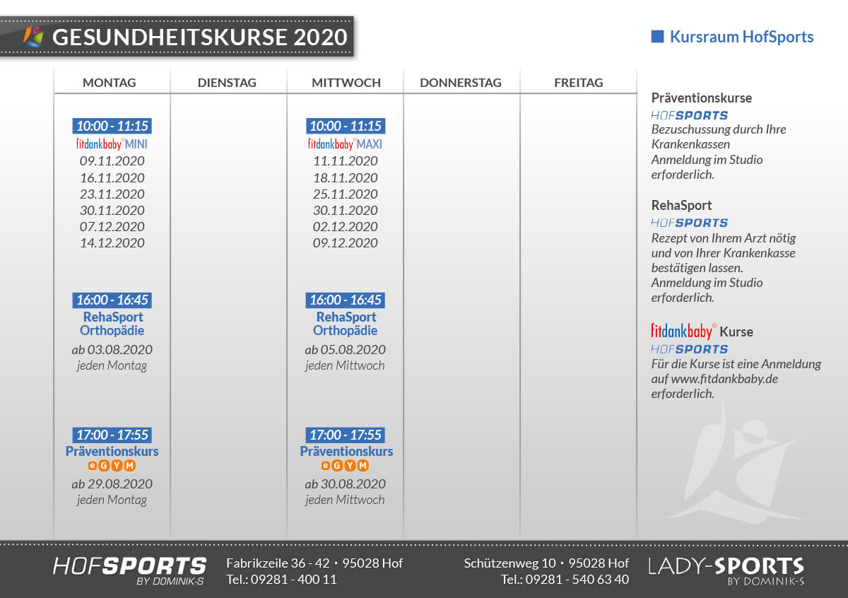 Kursplan Gesundheitskurse im Fitnessstudio HofSports by Dominiks in Hof
