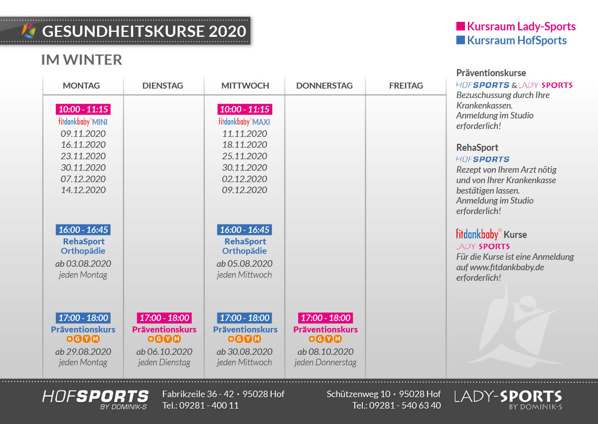 Kursplan Winter 2020 Gesundheitskurse Fitnessstudios HofSports und LadySports